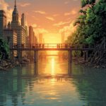 Menschen bauen eine Brücke zwischen Natur und urbanen Raum im Sonnenaufgang