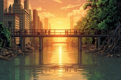 Menschen bauen eine Brücke zwischen Natur und urbanen Raum im Sonnenaufgang