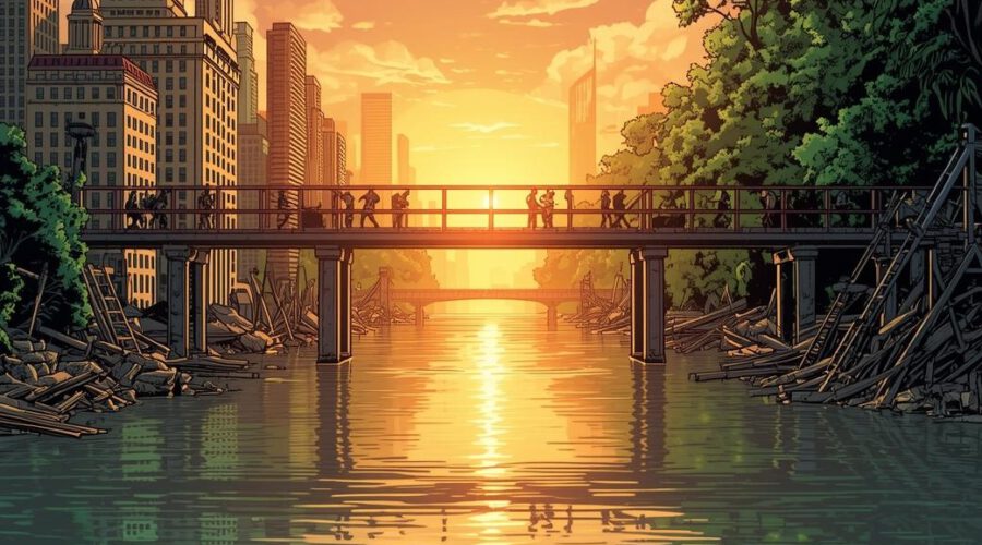 Menschen bauen eine Brücke zwischen Natur und urbanen Raum im Sonnenaufgang