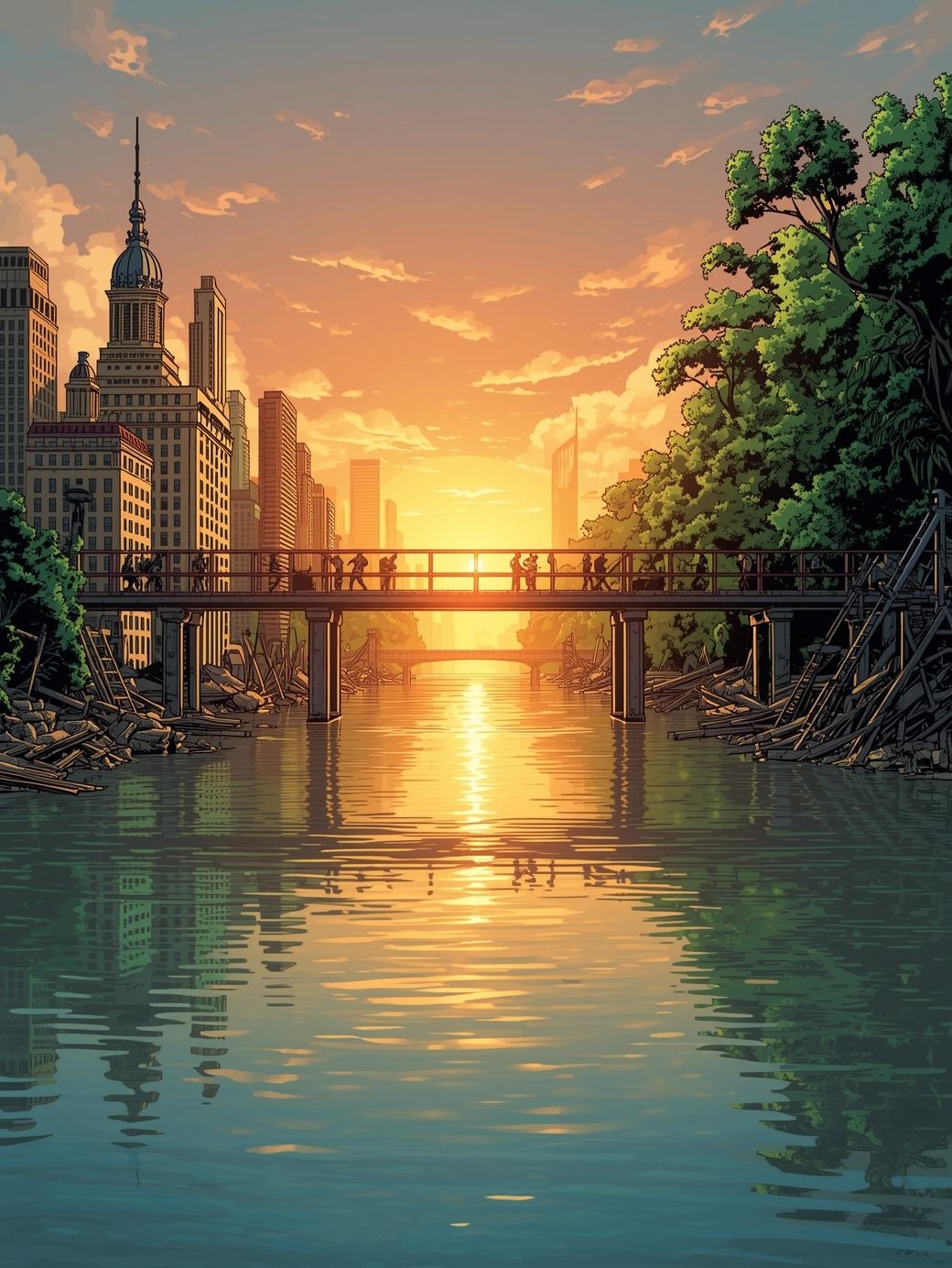 Menschen bauen eine Brücke zwischen Natur und urbanen Raum im Sonnenaufgang