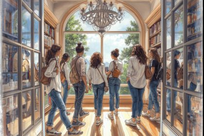 Menschen stehen in einer Bibliothek am geöffneten Fenster