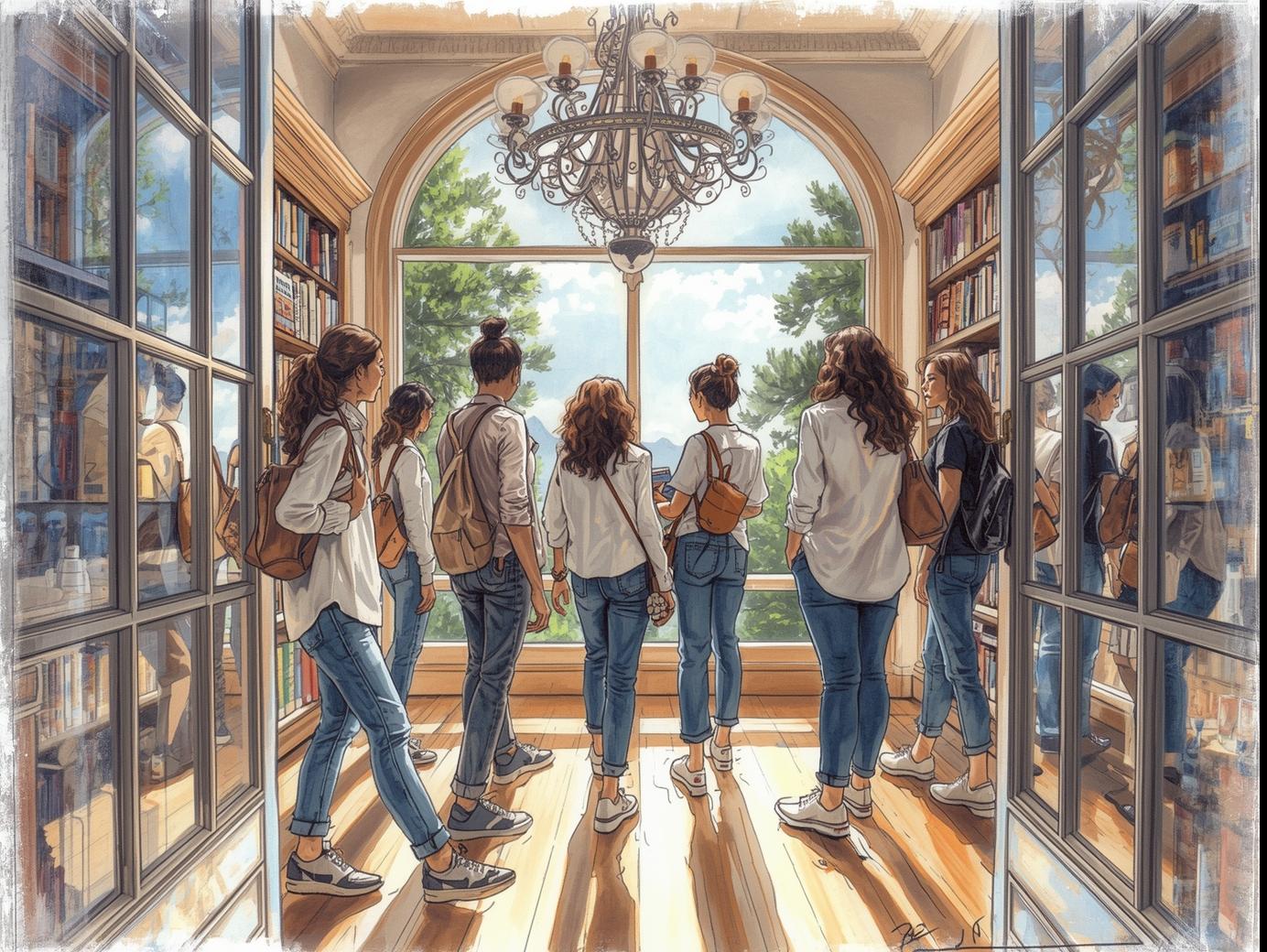 Menschen stehen in einer Bibliothek am geöffneten Fenster