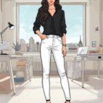 Frau mit weißer Jeans und schwarzer Bluse im Co Working Space