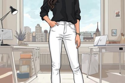 Frau mit weißer Jeans und schwarzer Bluse im Co Working Space