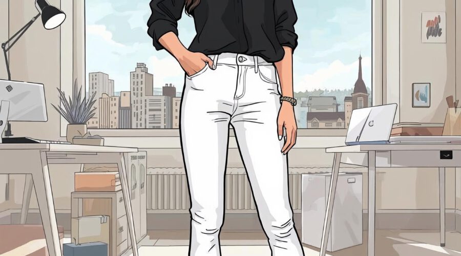 Frau mit weißer Jeans und schwarzer Bluse im Co Working Space