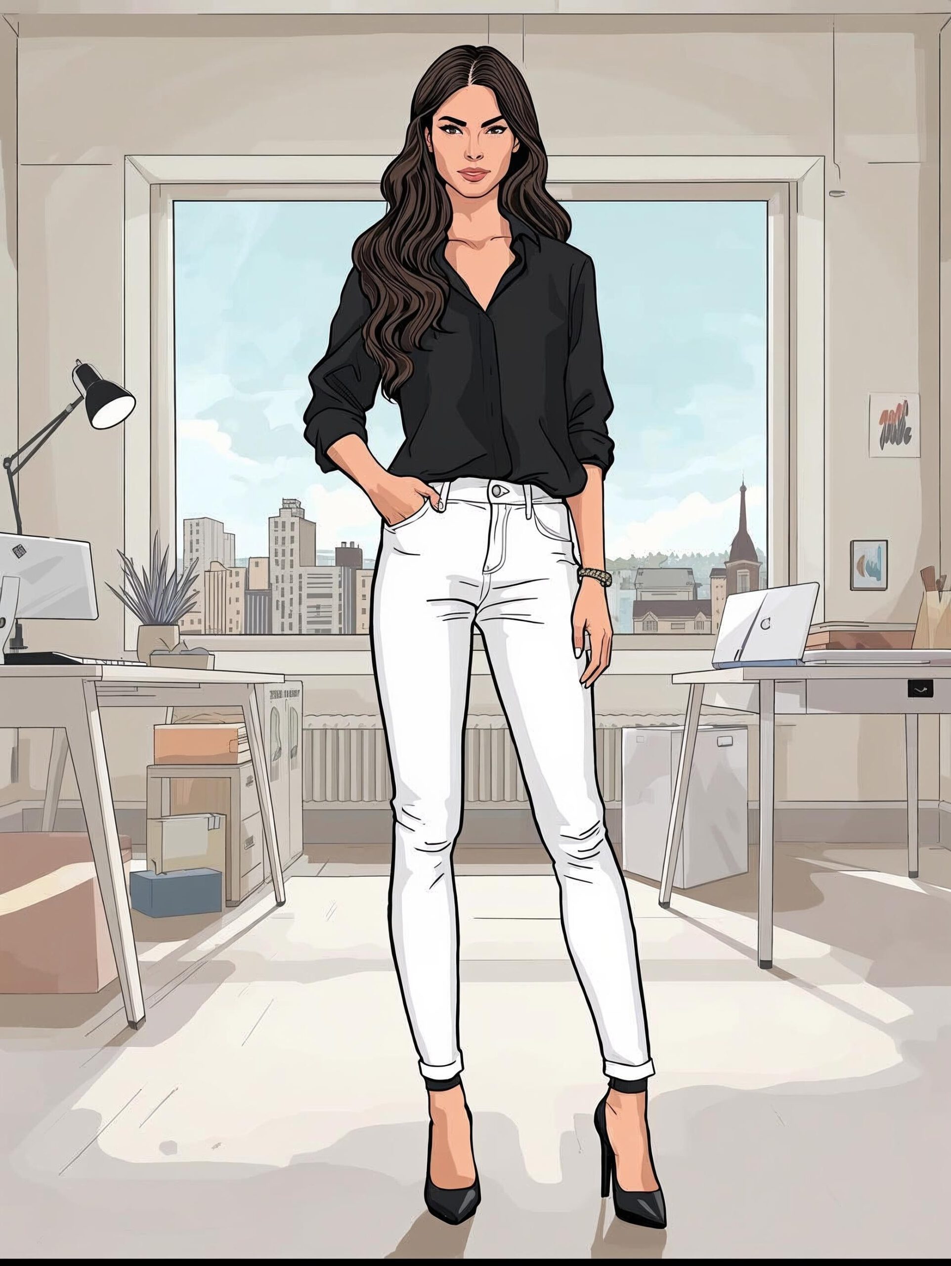 Frau mit weißer Jeans und schwarzer Bluse im Co Working Space