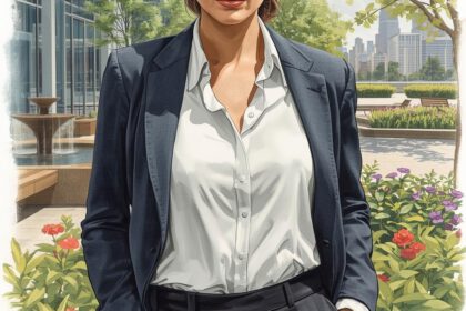 Frau im Azug steht vor einem Bürokompex inmitten von Bütenpracht