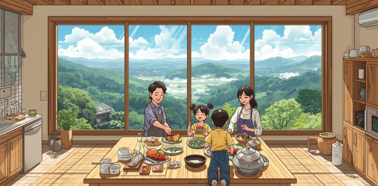 Familie kocht gemeinsam in einer großen Küche mit Panoramafenster.