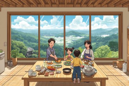 Familie kocht gemeinsam in einer großen Küche mit Panoramafenster.