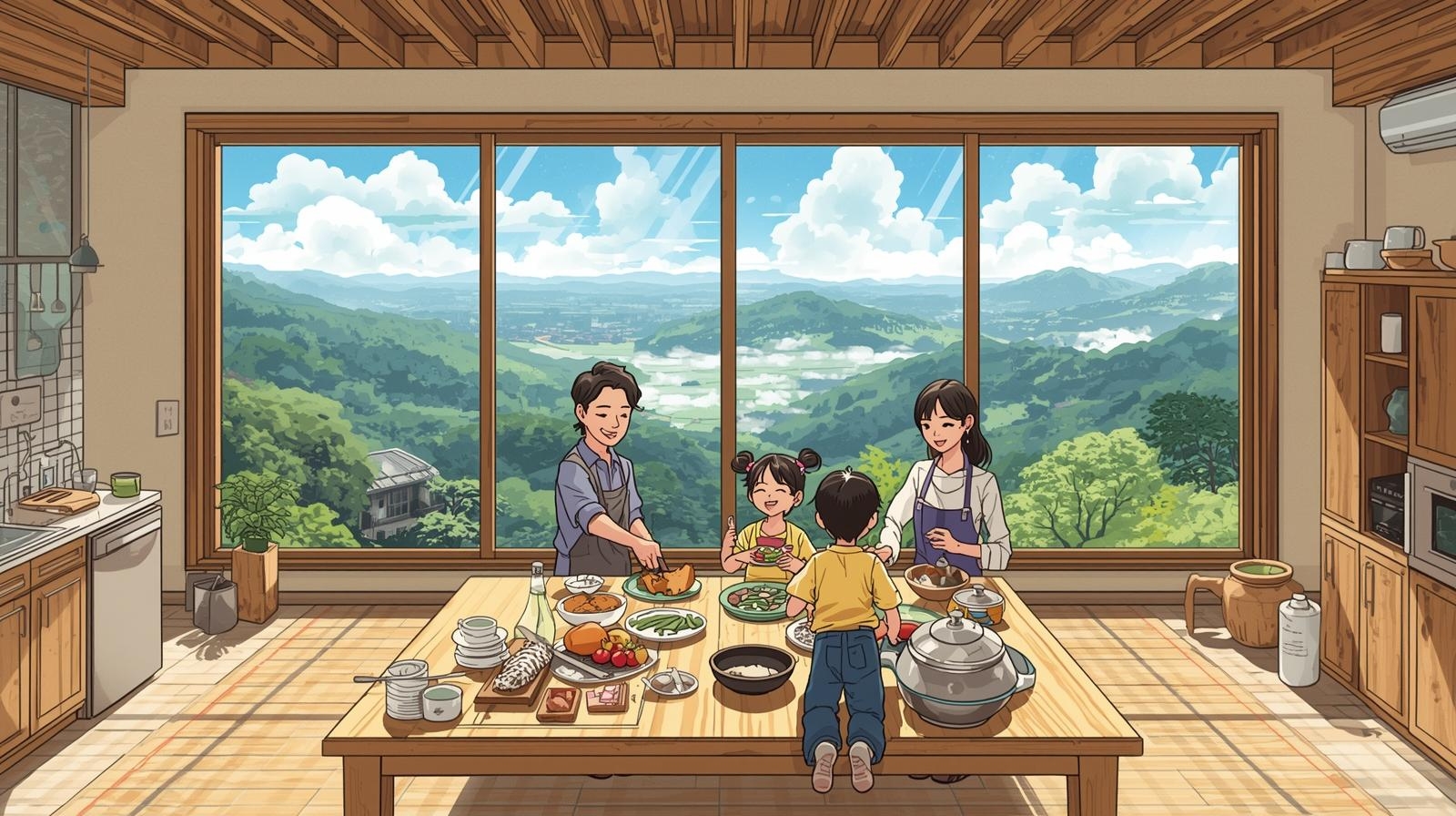 Familie kocht gemeinsam in einer großen Küche mit Panoramafenster.