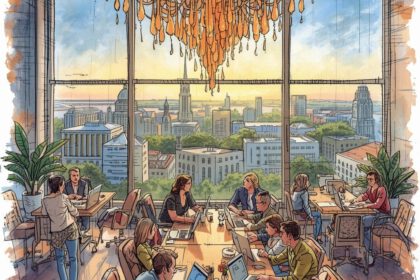 Mitarbeiter im Loft sitzen gemeinsam am Tisch