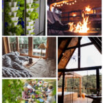 Collage eines Quartiers, Menschen beim Picknick, ein Lagerfeuer, ein Schlafraum und ein großes Fenster mit Weitblick