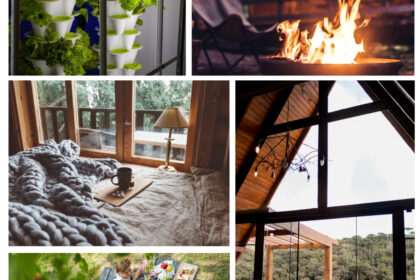 Collage eines Quartiers, Menschen beim Picknick, ein Lagerfeuer, ein Schlafraum und ein großes Fenster mit Weitblick