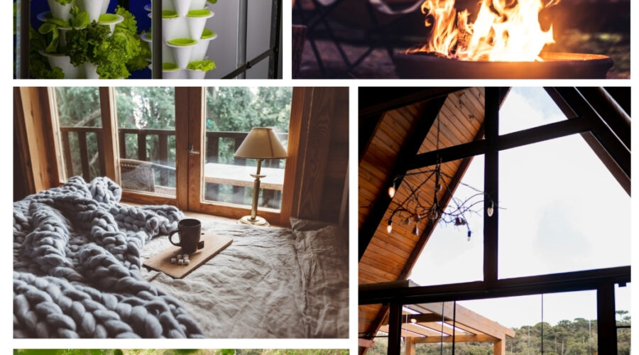 Collage eines Quartiers, Menschen beim Picknick, ein Lagerfeuer, ein Schlafraum und ein großes Fenster mit Weitblick