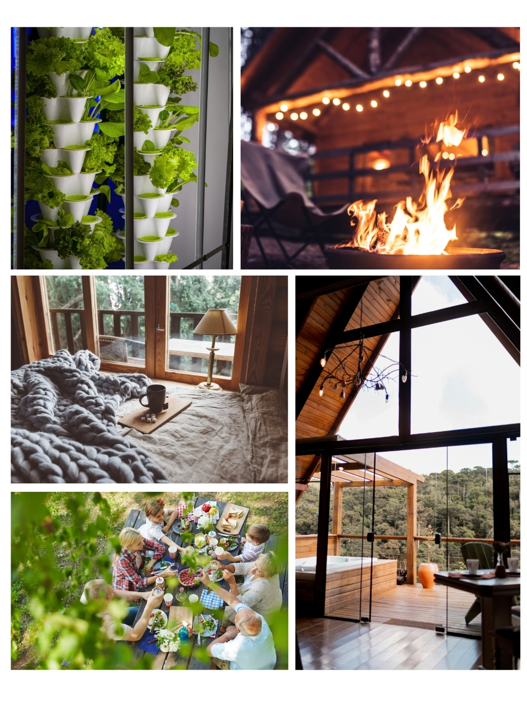 Collage eines Quartiers, Menschen beim Picknick, ein Lagerfeuer, ein Schlafraum und ein großes Fenster mit Weitblick