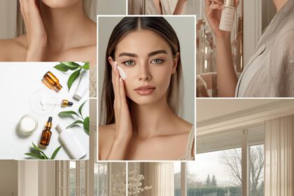 Beauty Moodboard Frau cremt sich das Gesicht ein