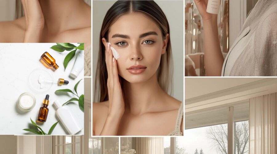 Beauty Moodboard Frau cremt sich das Gesicht ein