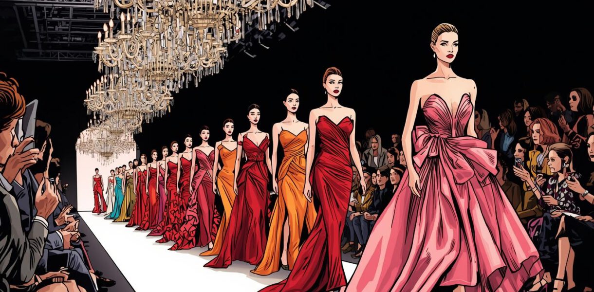 Skizze eines Catwalks mit Models in Seidenorganza