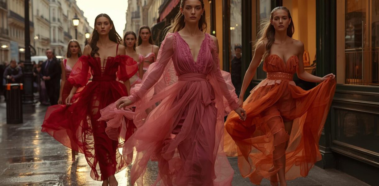 Models in Seidenorganza laufen barfuß durch den Regen
