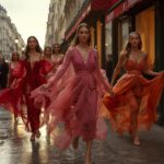 Models in Seidenorganza laufen barfuß durch den Regen