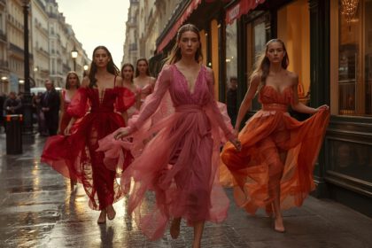 Models in Seidenorganza laufen barfuß durch den Regen