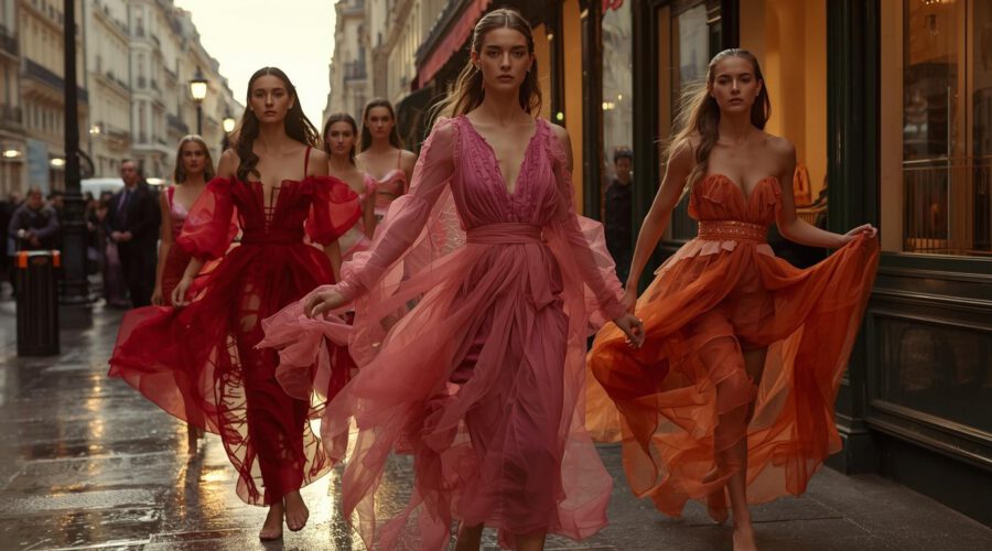 Models in Seidenorganza laufen barfuß durch den Regen