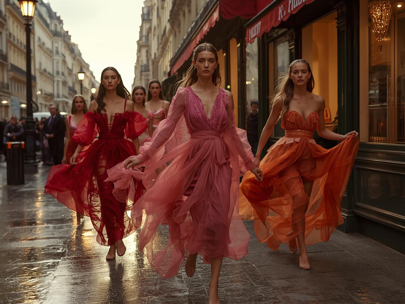 Models in Seidenorganza laufen barfuß durch den Regen