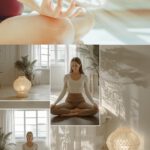 Moodboard mit verschiedenen Szenen , eine Frau während einer Yogastunde