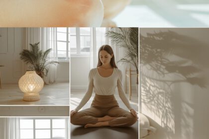 Moodboard mit verschiedenen Szenen , eine Frau während einer Yogastunde