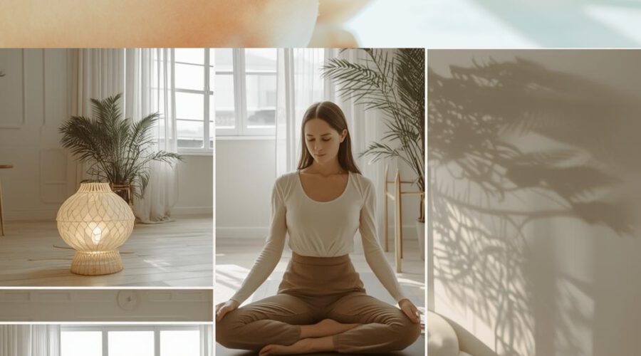 Moodboard mit verschiedenen Szenen , eine Frau während einer Yogastunde