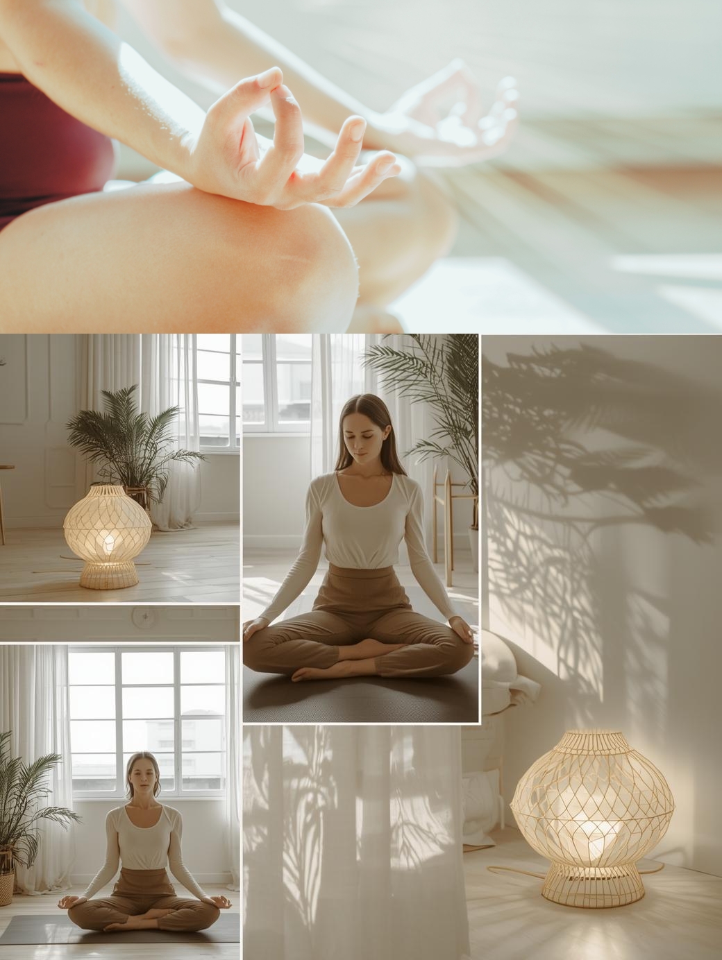 Moodboard mit verschiedenen Szenen , eine Frau während einer Yogastunde