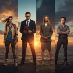 Vier Persönlichkeiten vor einem Sonnenuntergang am Meer