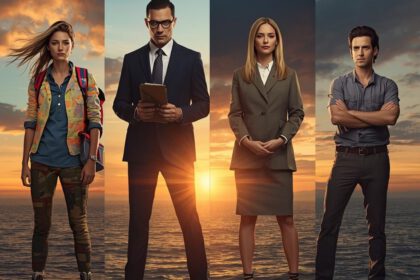 Vier Persönlichkeiten vor einem Sonnenuntergang am Meer