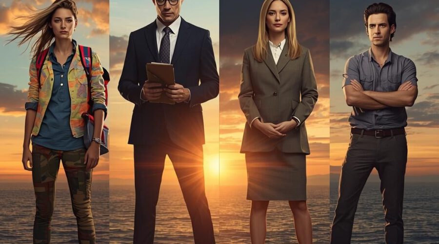 Vier Persönlichkeiten vor einem Sonnenuntergang am Meer