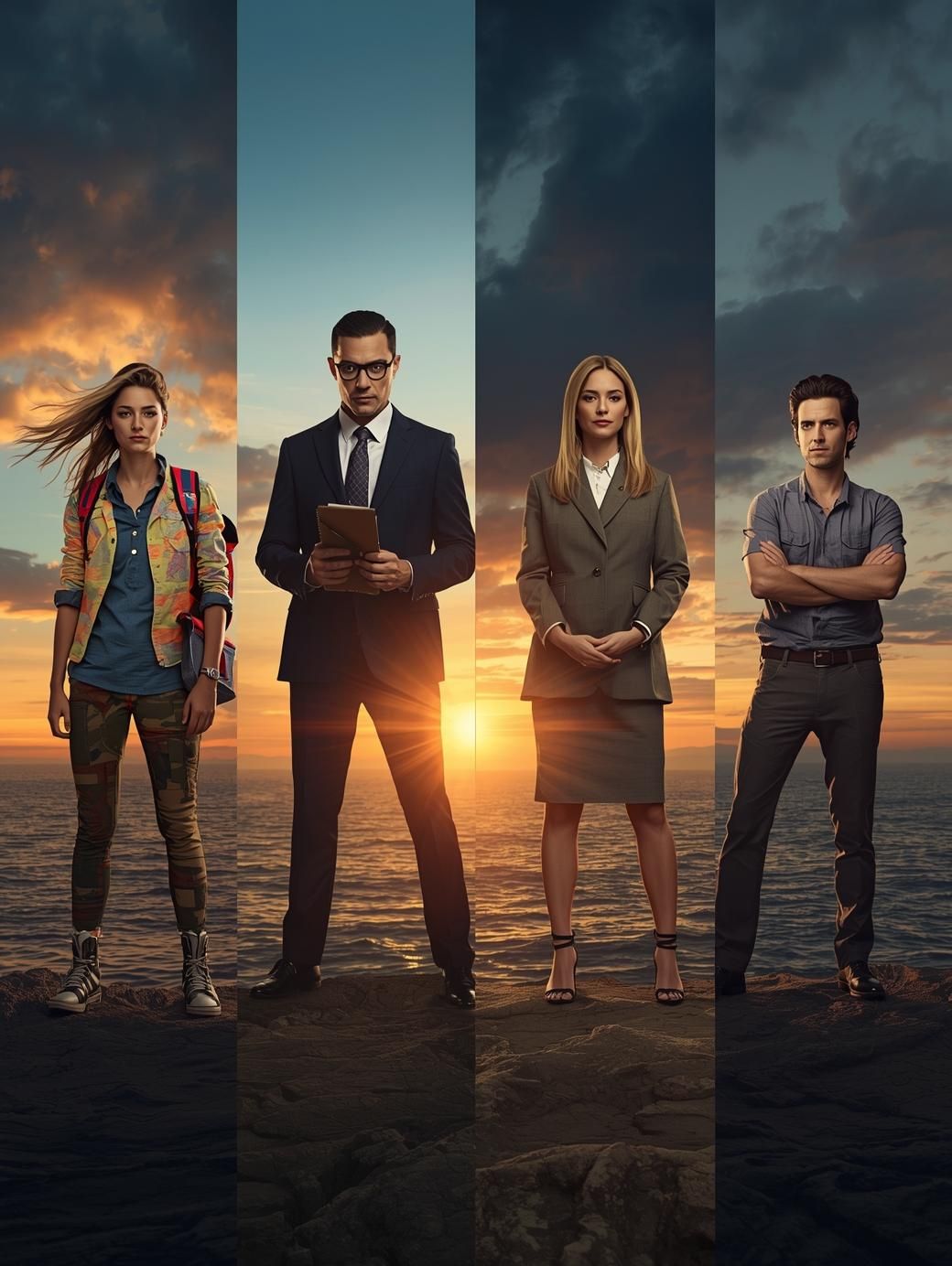 Vier Persönlichkeiten vor einem Sonnenuntergang am Meer