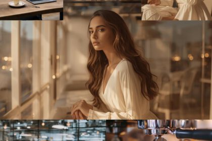 Moodboard Frau in weißem Kleid sitzt im Café