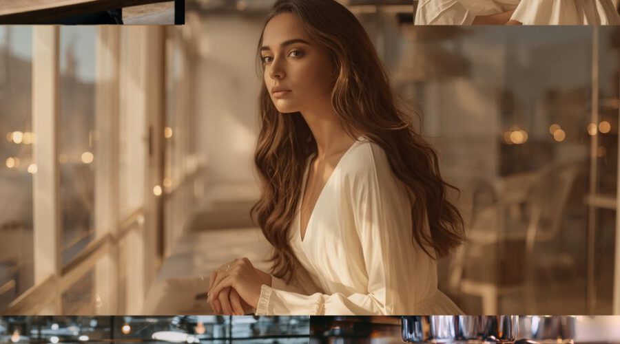 Moodboard Frau in weißem Kleid sitzt im Café