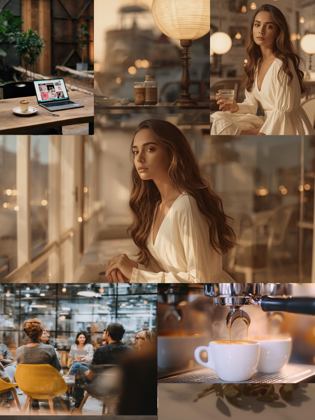 Moodboard Frau in weißem Kleid sitzt im Café