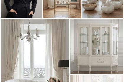 Vitrine mit erlesenem Porzellan und funkenden Kristallgläsern