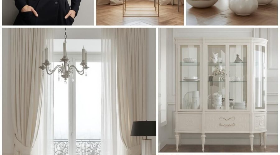 Vitrine mit erlesenem Porzellan und funkenden Kristallgläsern