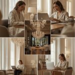 Frau in verschiedenen Szenen während E-Learning im Luxus Ambiente.