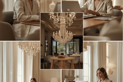 Frau in verschiedenen Szenen während E-Learning im Luxus Ambiente.