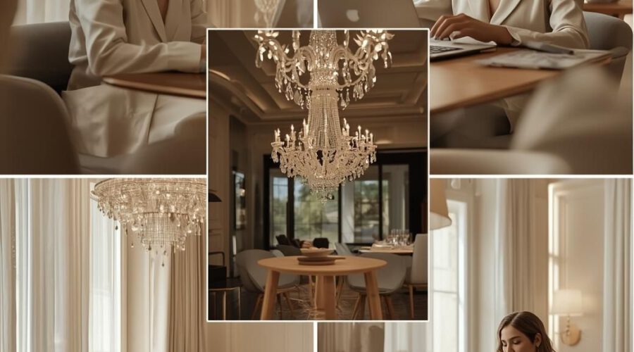 Frau in verschiedenen Szenen während E-Learning im Luxus Ambiente.