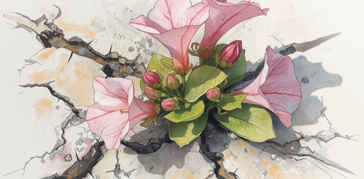 Skizze von einer Malvenblüte, die aus Beton wächst