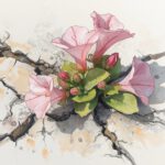 Skizze von einer Malvenblüte, die aus Beton wächst