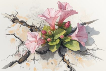 Skizze von einer Malvenblüte, die aus Beton wächst