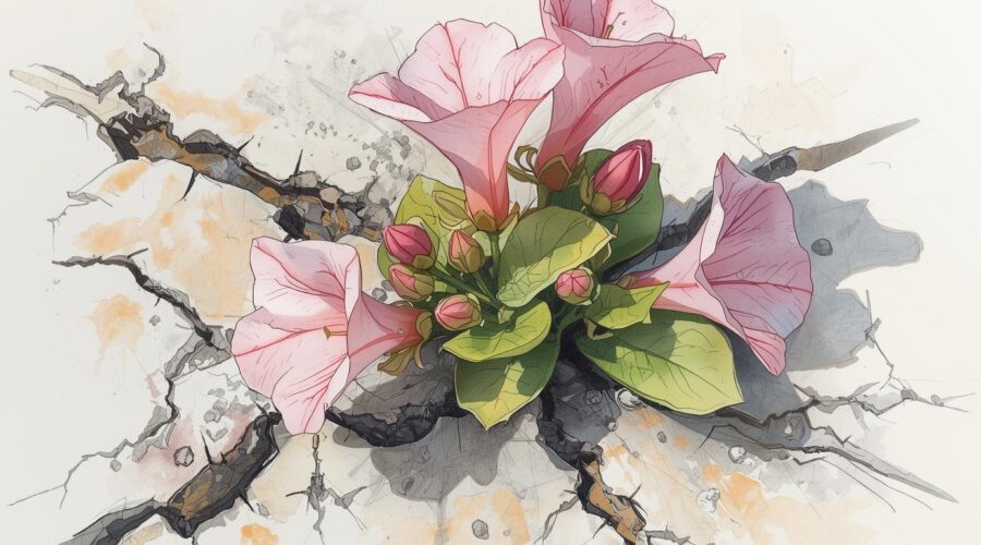 Skizze von einer Malvenblüte, die aus Beton wächst