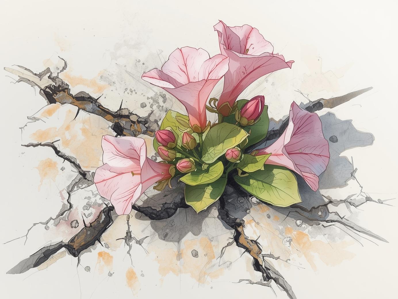 Skizze von einer Malvenblüte, die aus Beton wächst