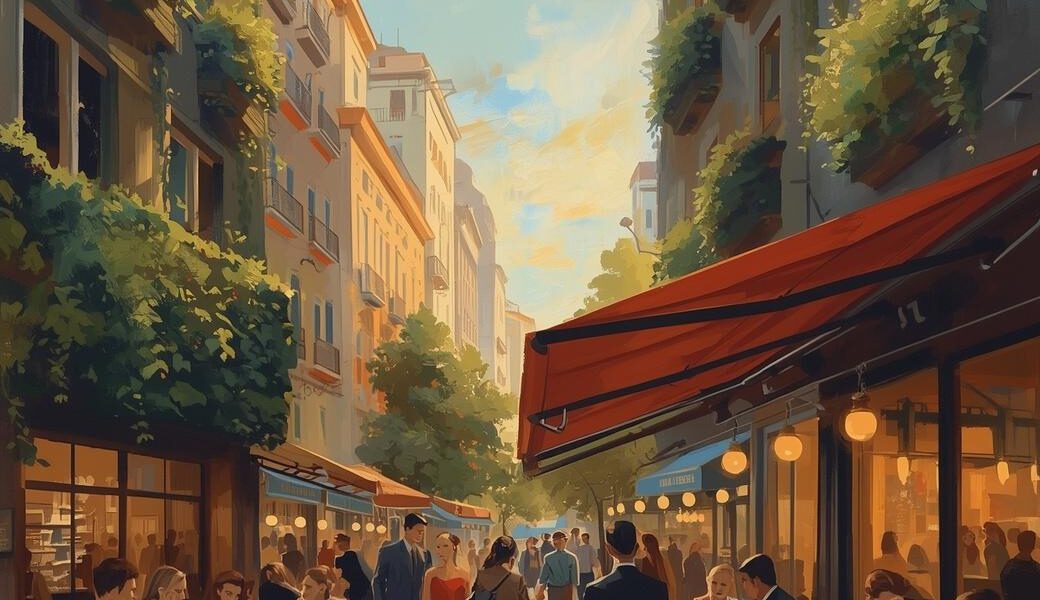 Eine Gasse mit Cafés und Menschen im Abendlicht