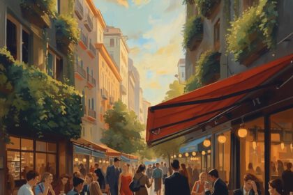 Eine Gasse mit Cafés und Menschen im Abendlicht